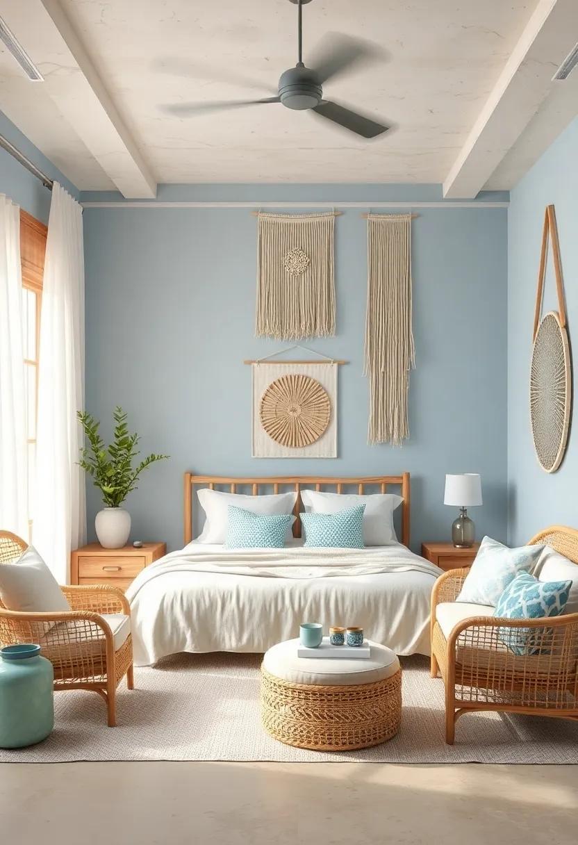 Delightful Fiber Art Hangings with Soft Beige and Blue Tones Enhancing Serene Coastal Atmosphere