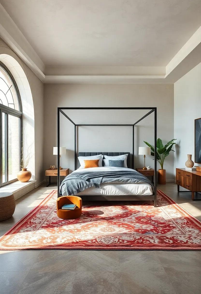 Four-Poster Charm: Position your four-poster bed on a striking area rug to draw the eye and elevate the room’s elegance without overwhelming it