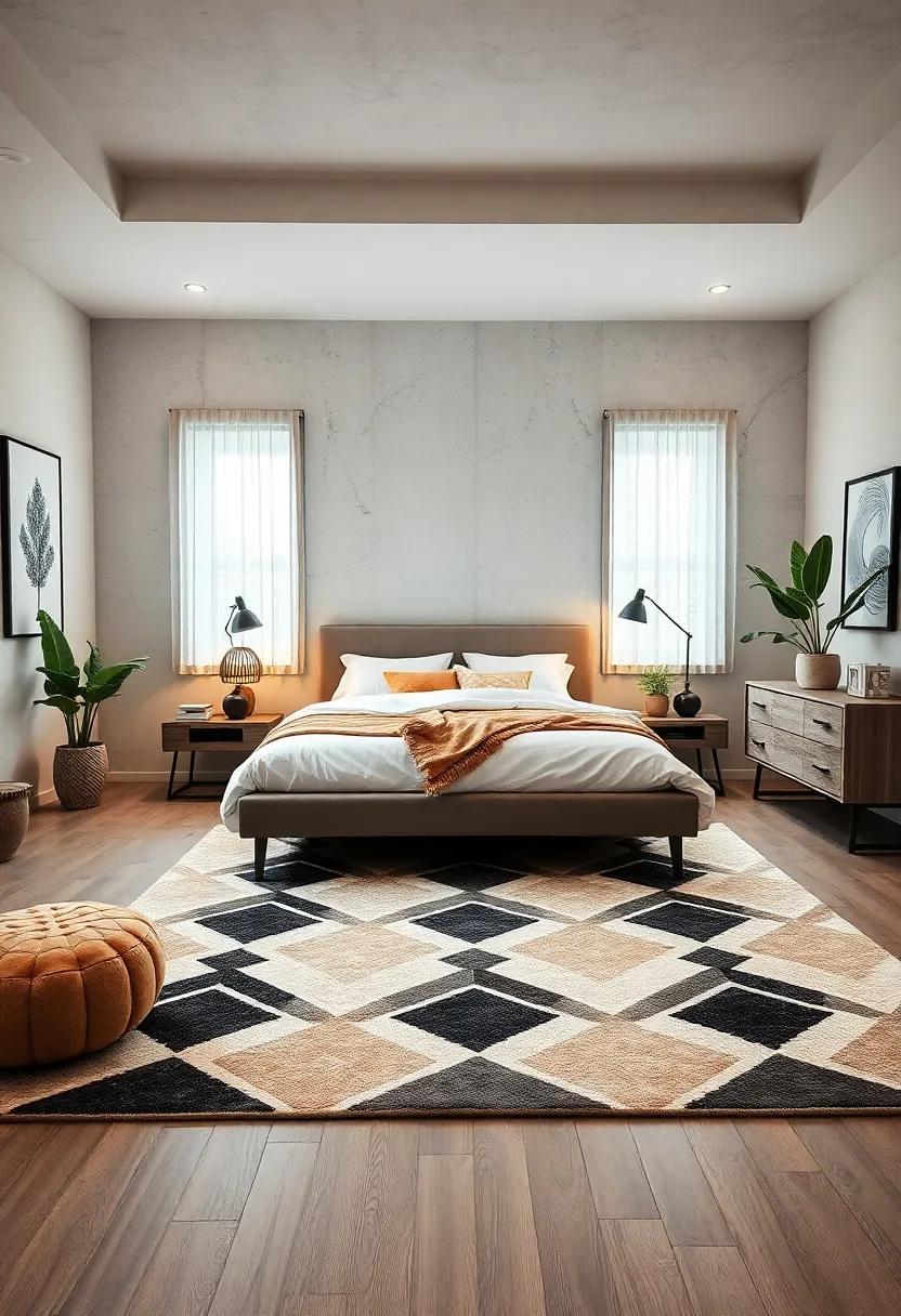 Geometric Patterns: Incorporate bold geometric patterns in your area rug to add an edgy flair while maintaining balance with simpler decor