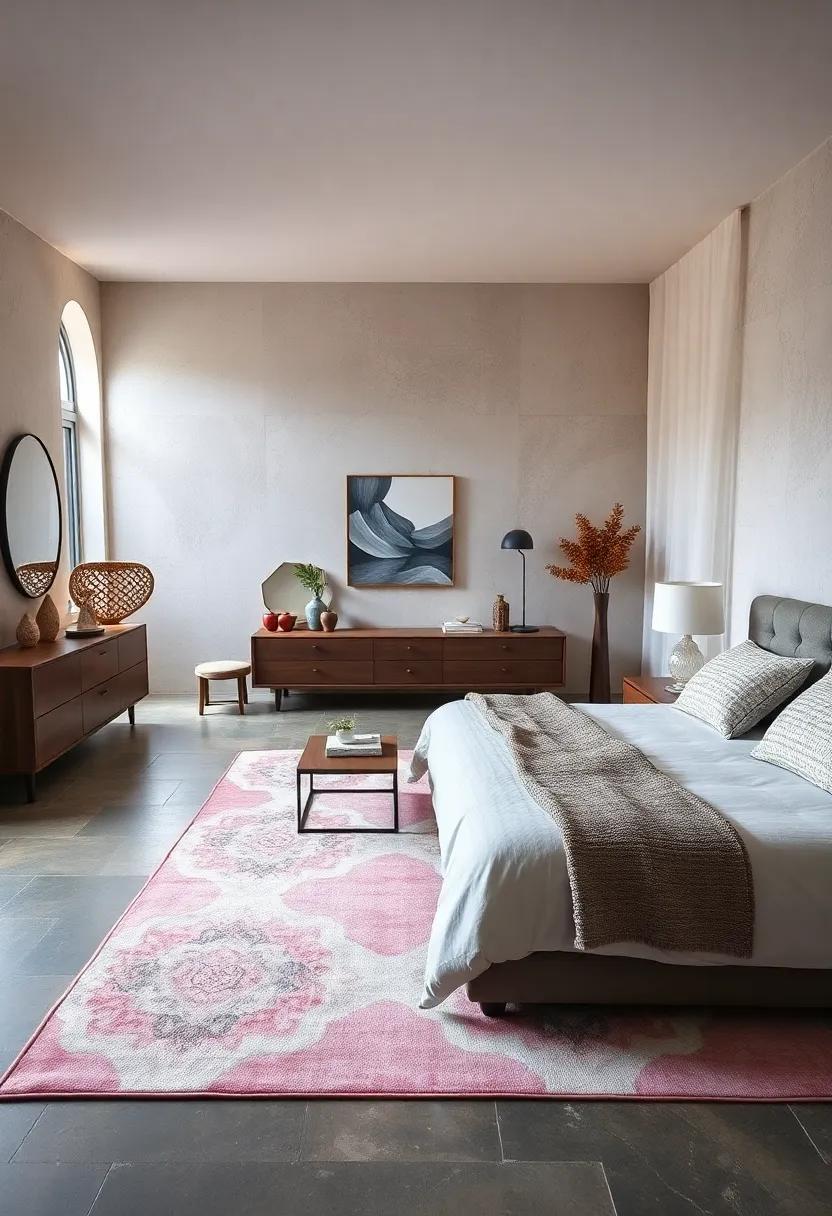 Soft Color Pop: select a pastel or soft-colored area rug to inject a gentle touch of color into an otherwise neutral bedroom