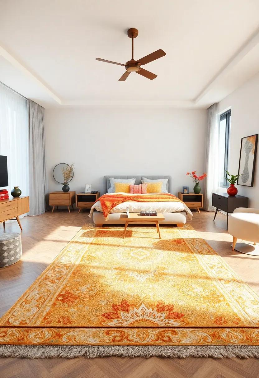 Unity Through Design: Match your area rug with other textiles in the bedroom—curtains,cushions,and bedding—to create a harmonious look