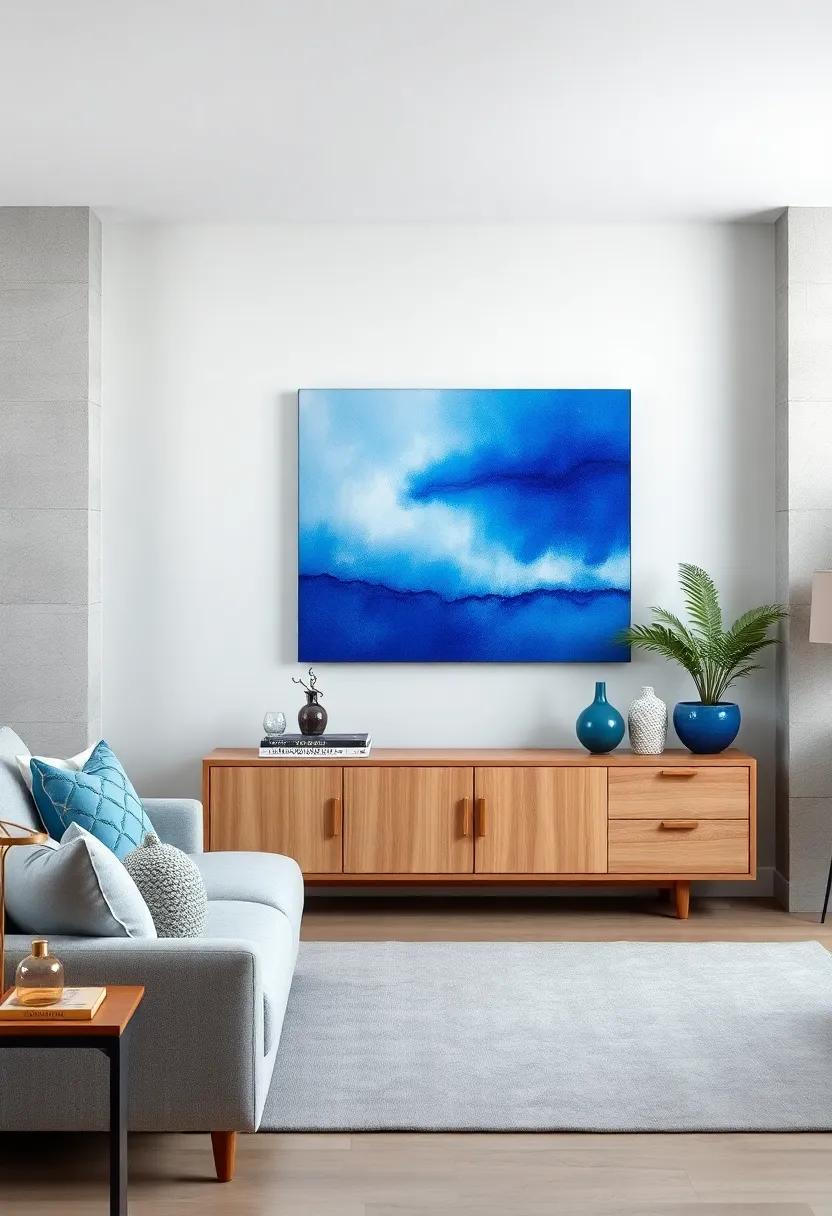 Blue Gradient Abstract Canvas Artwork Above a Sleek Light Oak Console Injects Artistic Energy Into the Living Room