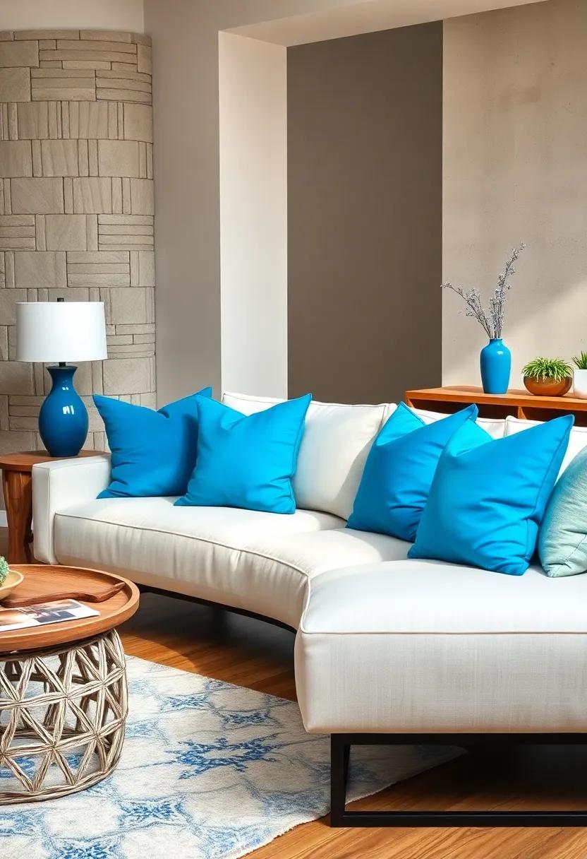 Bright Cyan Blue Throw Pillows Arranged on a Cream Linen Couch Against a Neutral Backdrop for a Fresh Pop