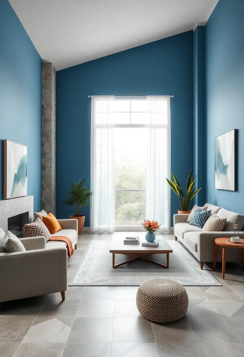 Calming Blue Walls Paired With Soft Natural Light Creating a Tranquil and Inviting Living Room Ambiance