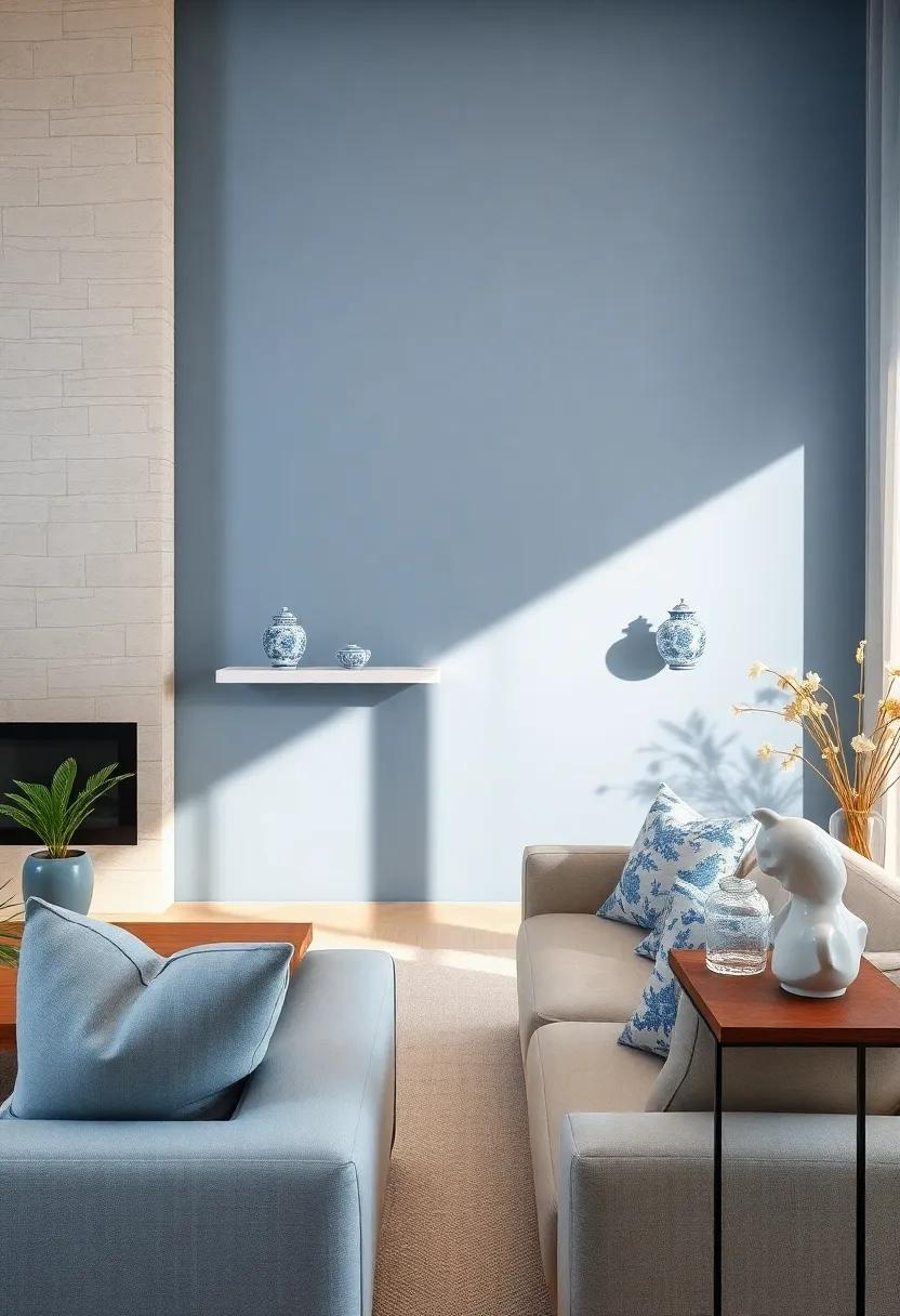 Classic Blue and White Porcelain Vases Placed on Floating Shelves for a Clean, Timeless Living Room Look