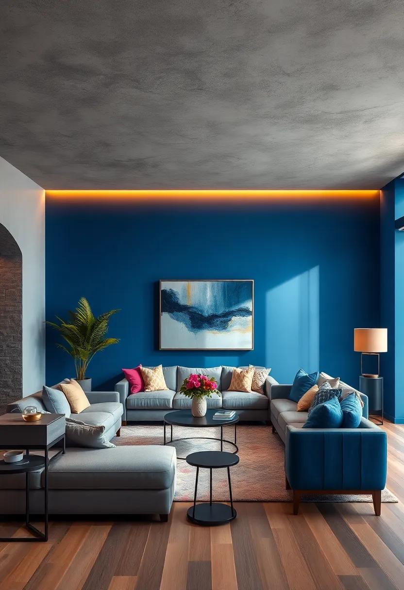 Deep Azure Blue Accent Wall With Abstract Art Lighting the Room With Warm Ambient Glow