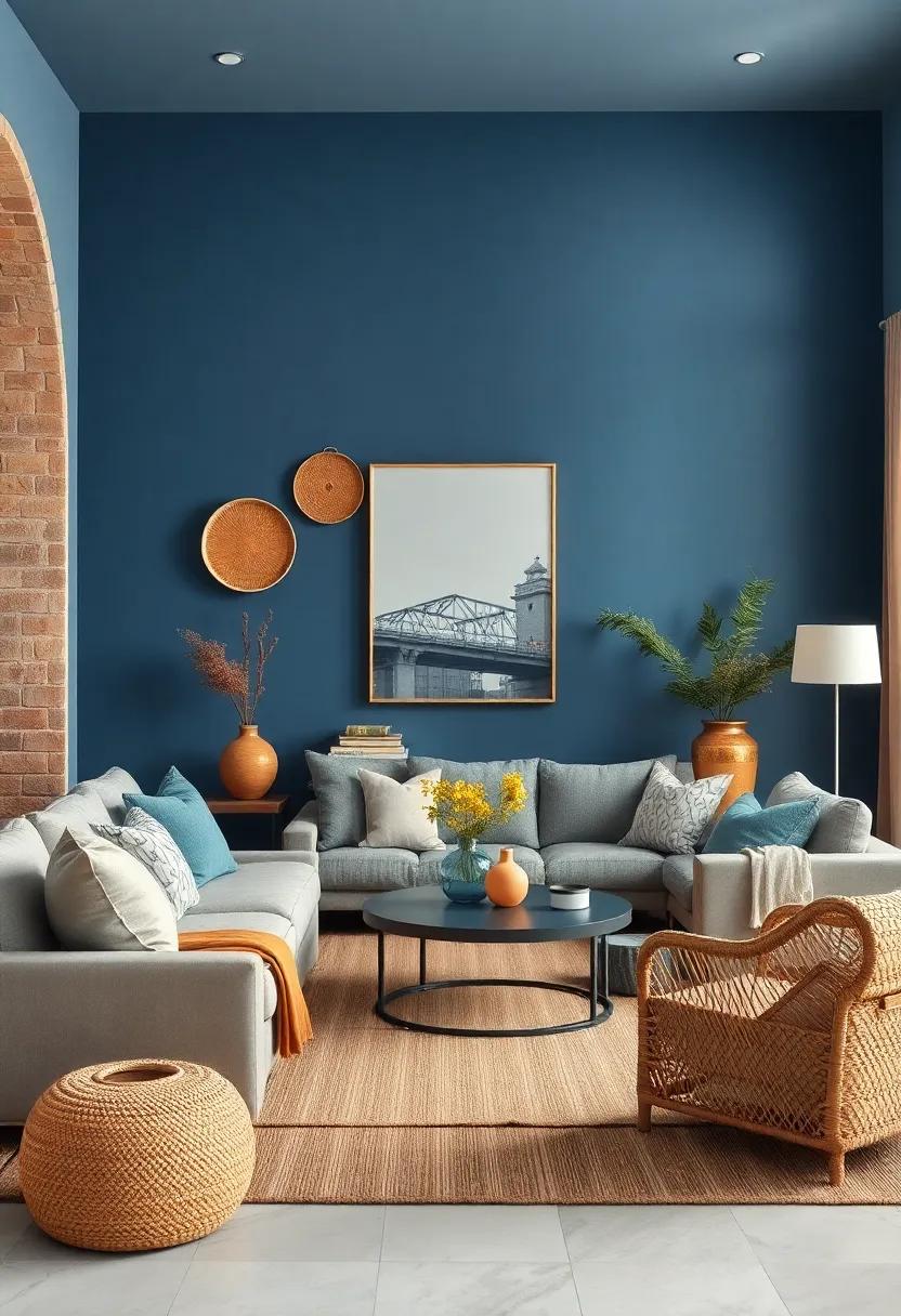 Dusky Blue Tones Blending With Warm Beige Carpets and Natural Fiber Baskets to Create Earthy Cozy Corners