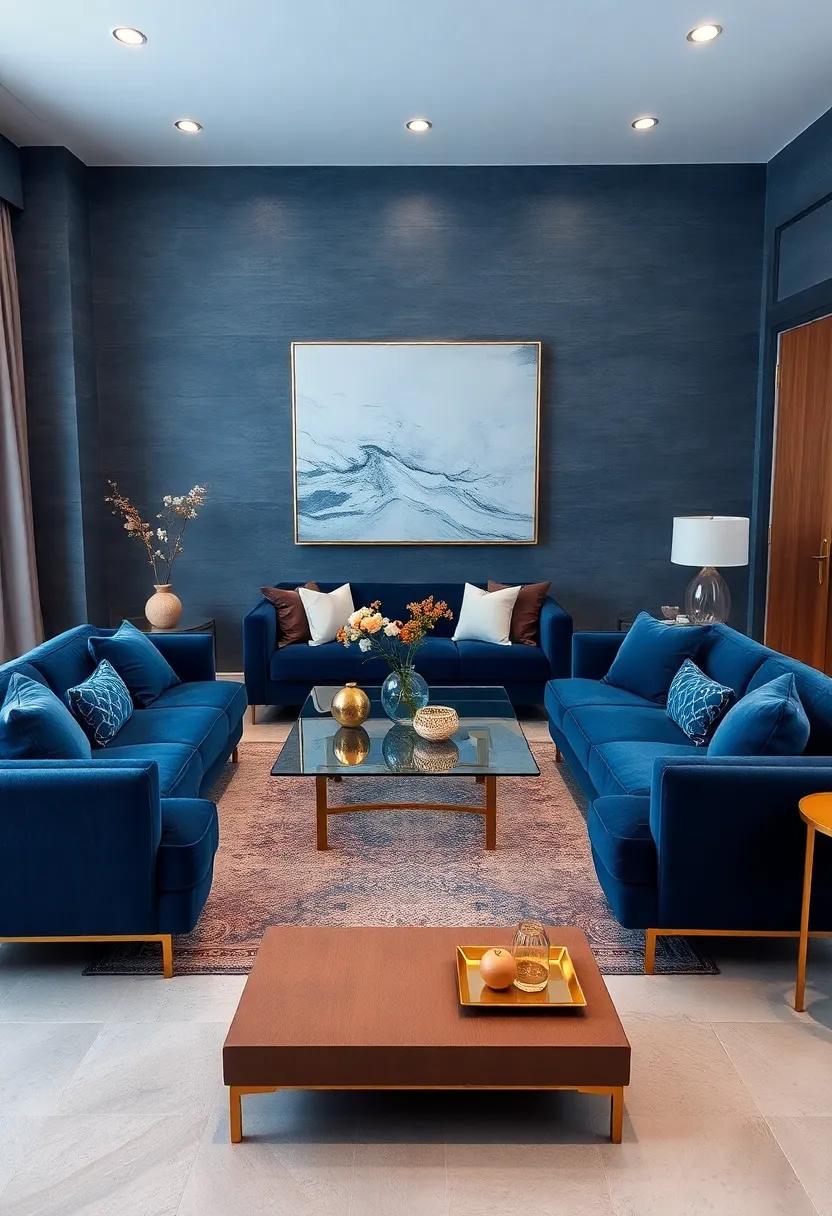 Elegant Navy Blue Sofas Surrounding a Glass Coffee Table With Gold Accents for a Luxurious Yet Cozy Feel
