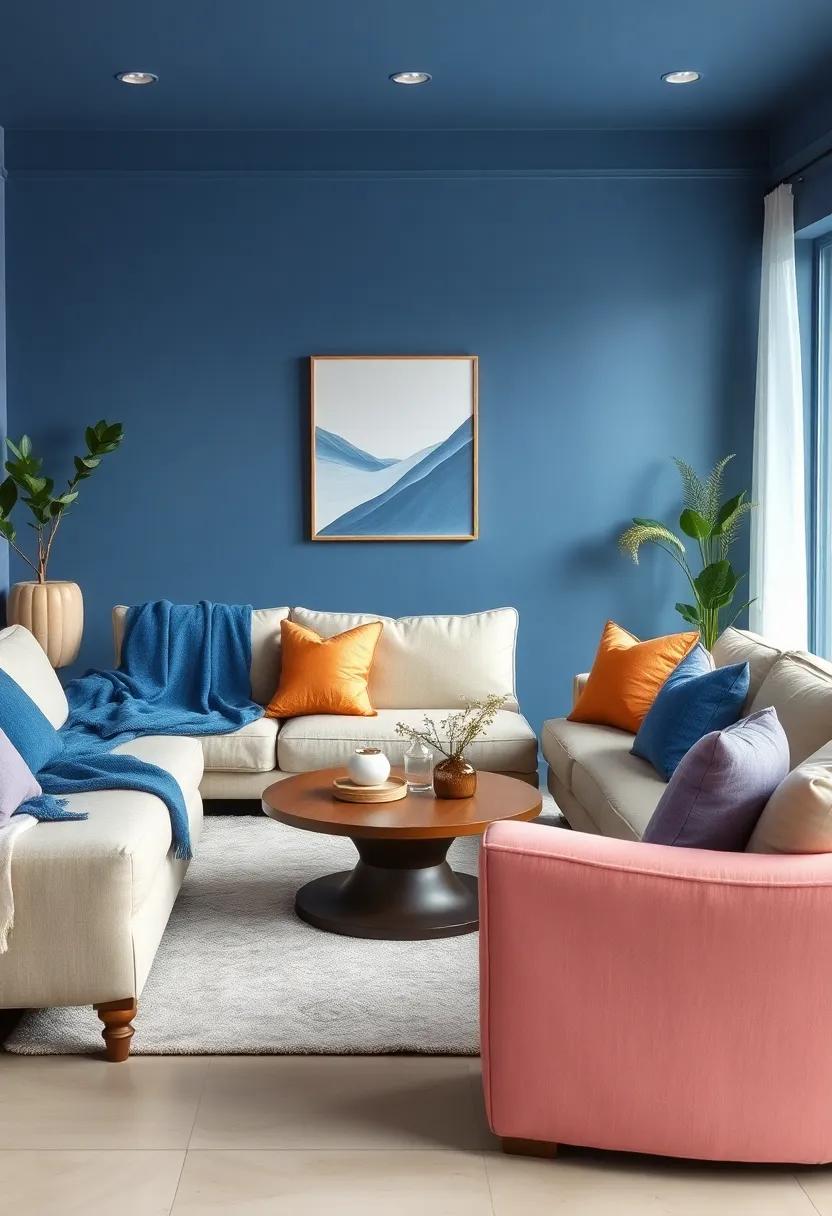 Gentle Indigo Throw Blankets Layered Over Neutral Sofas Paired With Pale Lavender Accents for Soothing Color Harmony