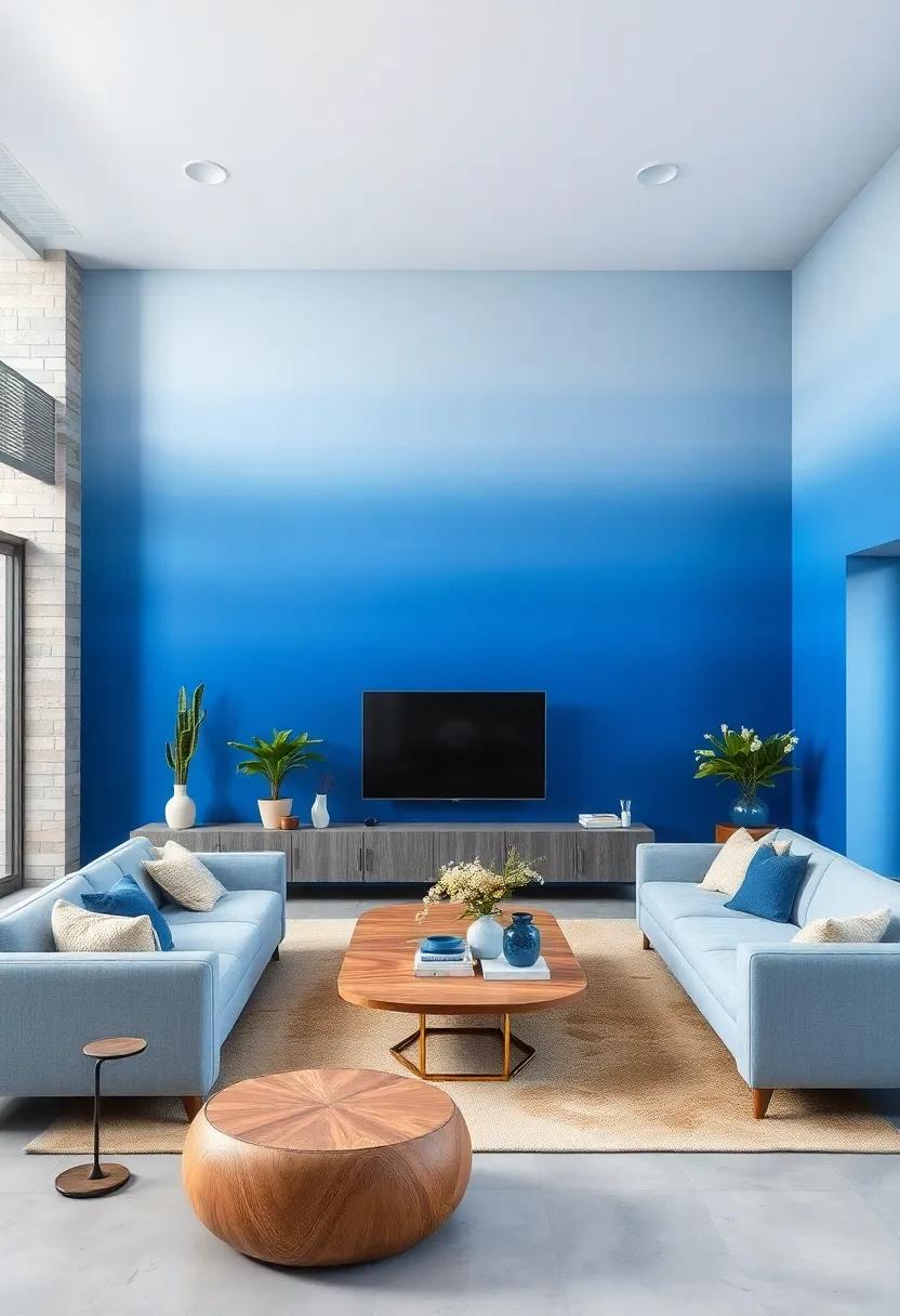 Gradient Blue Ombre Walls Transitioning From Pale Sky to Deep Indigo to Evoke Depth and Serenity