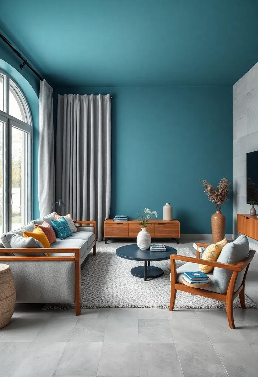 Muted Teal Blue Walls Enhanced by Soft Gray Curtains and Minimalist Wooden Furniture for Modern Elegance
