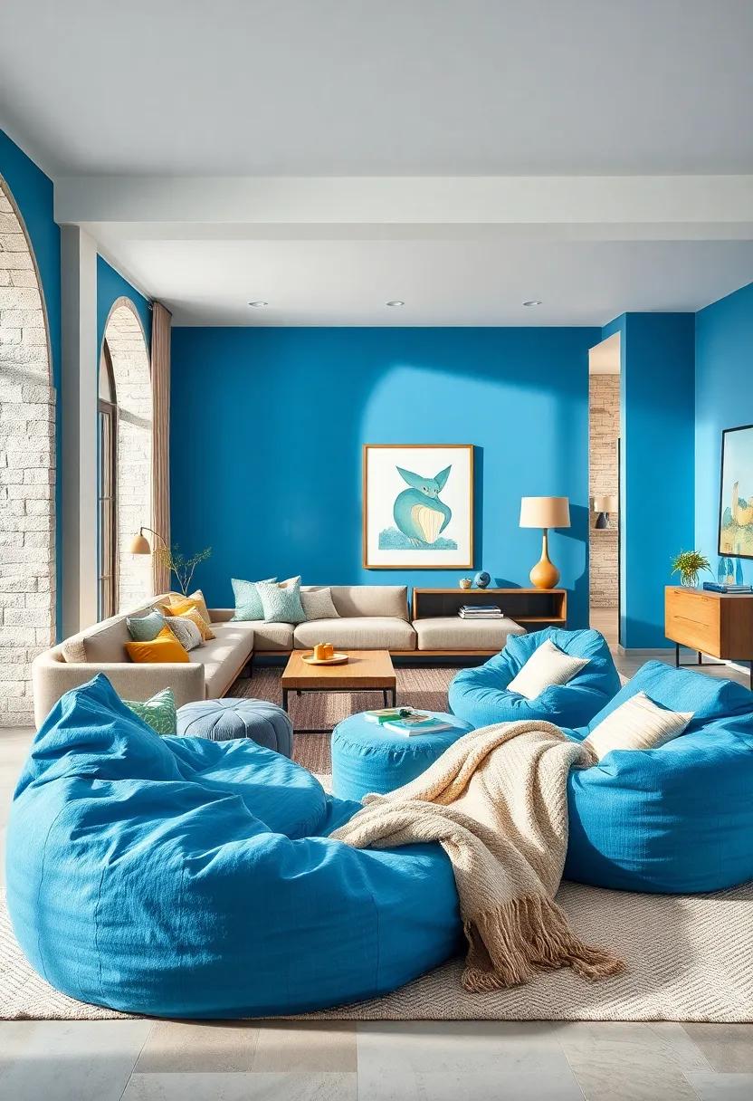 Playful Cerulean Blue Bean Bags and Soft Textured Throws Inviting Relaxation in a Bright Child-Friendly Living Space