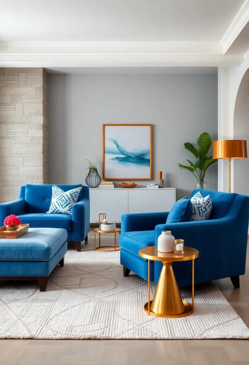 Plush Velvet Blue Armchairs Accentuated by Brass Floor Lamps and Textured Ivory Rugs for Comfortable Sophistication