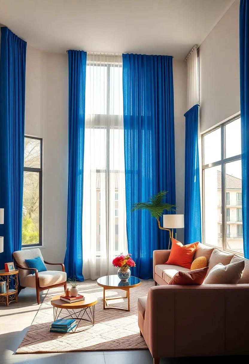 Rich Royal Blue Curtains Draped Over Tall Windows Illuminated by Soft Afternoon Sunlight Creating Dreamy Vibes