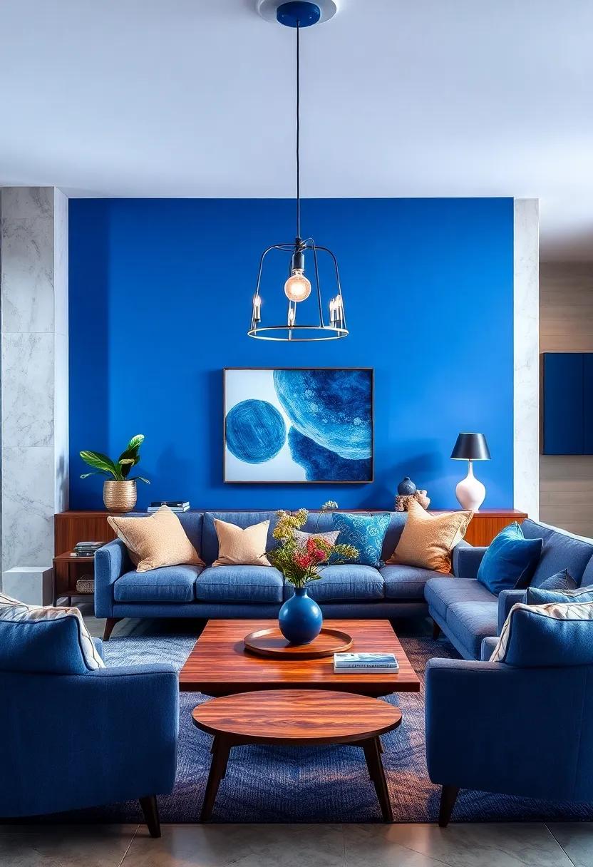 Sapphire Blue Pendant Lighting Casting Gentle Reflections Over a Mid-Century Modern Coffee Table Setup