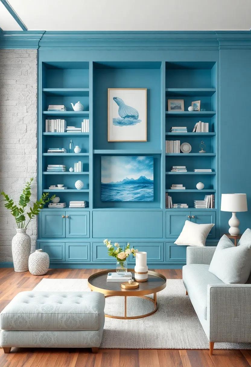 Seafoam Blue Built-In Bookshelves Filled With White and Ocean-Toned Decor Elements Evoking Calmness