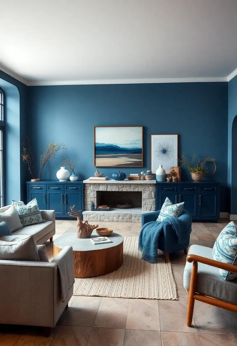 Serene Coastal Blue Palette Featuring Driftwood Elements and Sea-Inspired Decorative Pieces