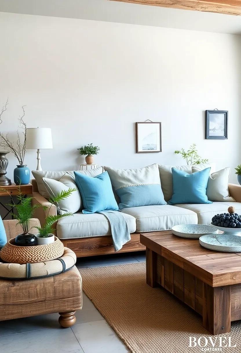 Soft Powder Blue Cushions on a Rustic Reclaimed Wood Sofa Adding Charm and Comfort in a Country Style Room