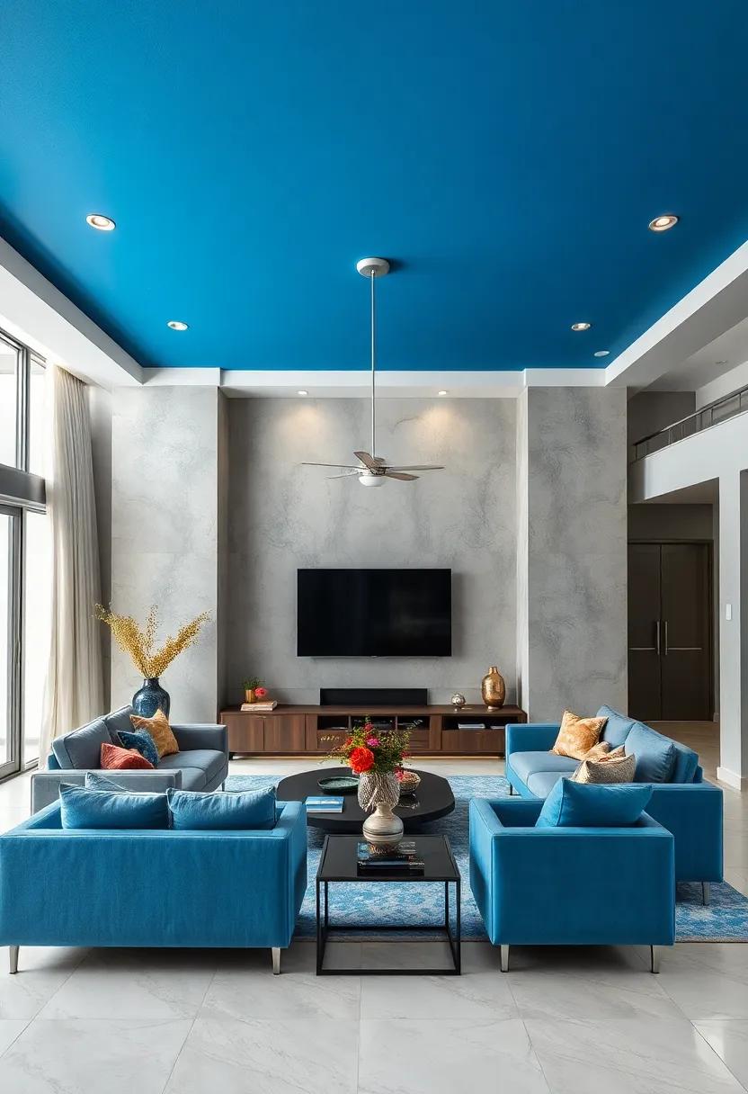 Stormy Blue Painted Ceiling Contrasted With Light Gray Walls and Silver Modern Fixtures for Dramatic Elegance