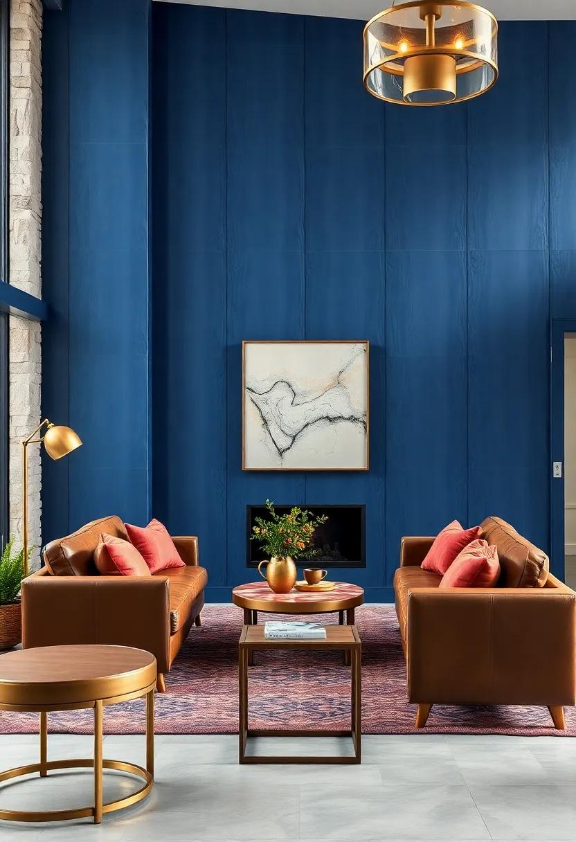 Twilight Blue Wall Panels Paired With Leather Seating and Copper Accessories for a Warm Sophisticated Look