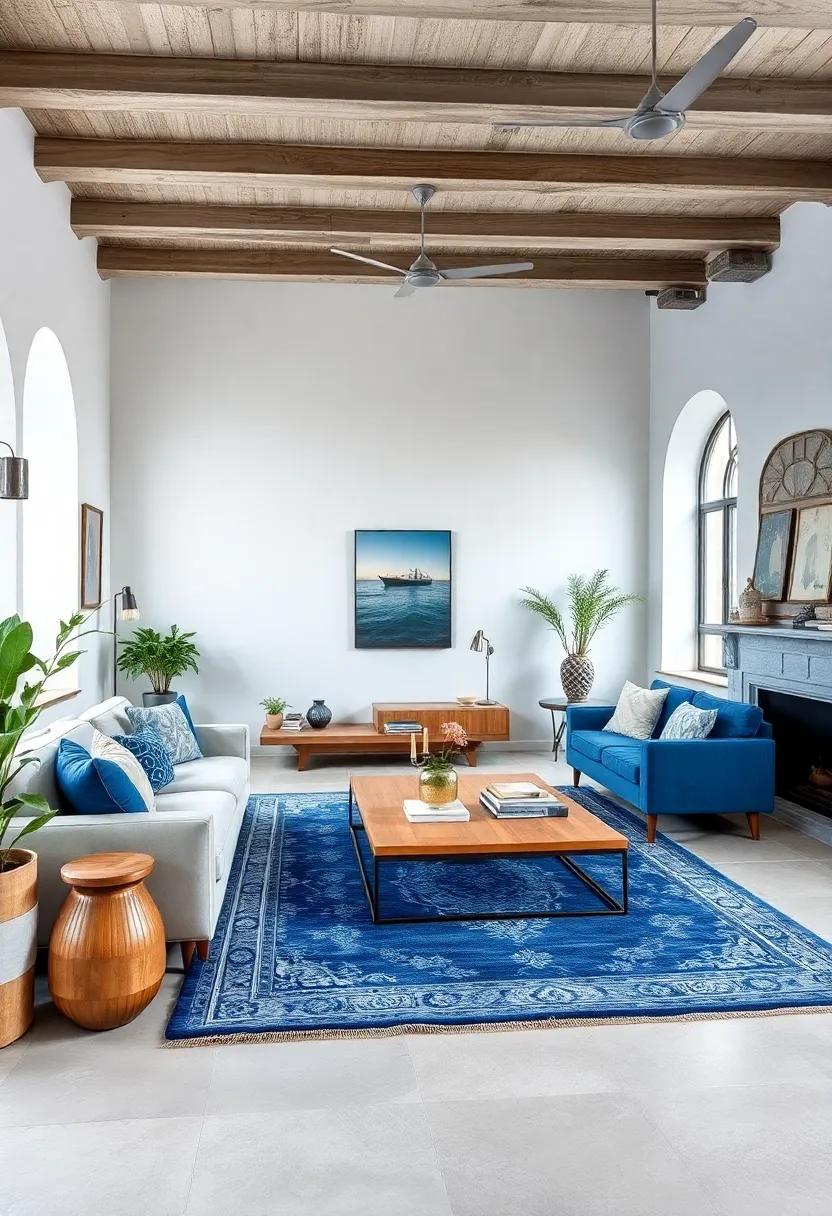 Vintage Indigo Rugs Complementing Crisp White Walls and Subtle Accents for a Balanced Blue Living Space