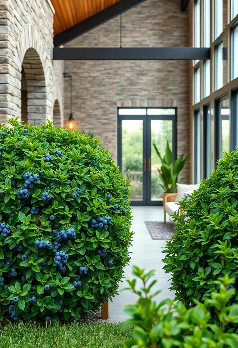Blueberry Bushes Lush Green Foliage Adding Vibrant Texture to a Front Yard Hedge Scene