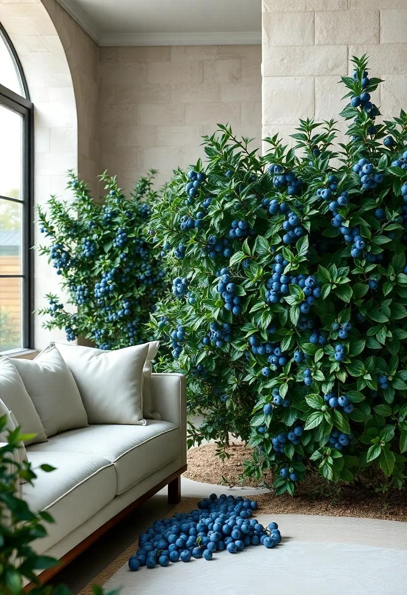 Close View Of Blueberry Bush Thorns And Leaf Texture With Bright Blueberries Adding Natural Contrast