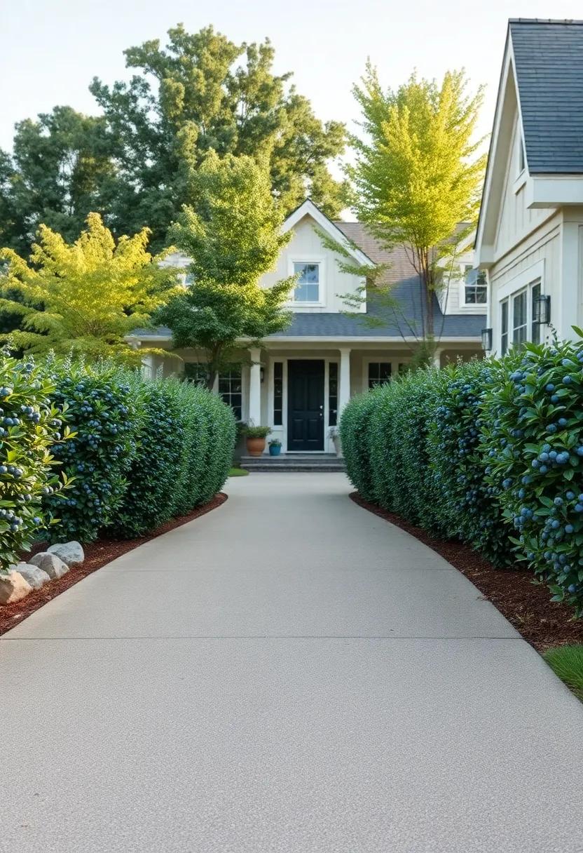 A Blueberry Hedge Lined Driveway Leading To A Quaint Suburban Home Surrounded By Lush Foliage
