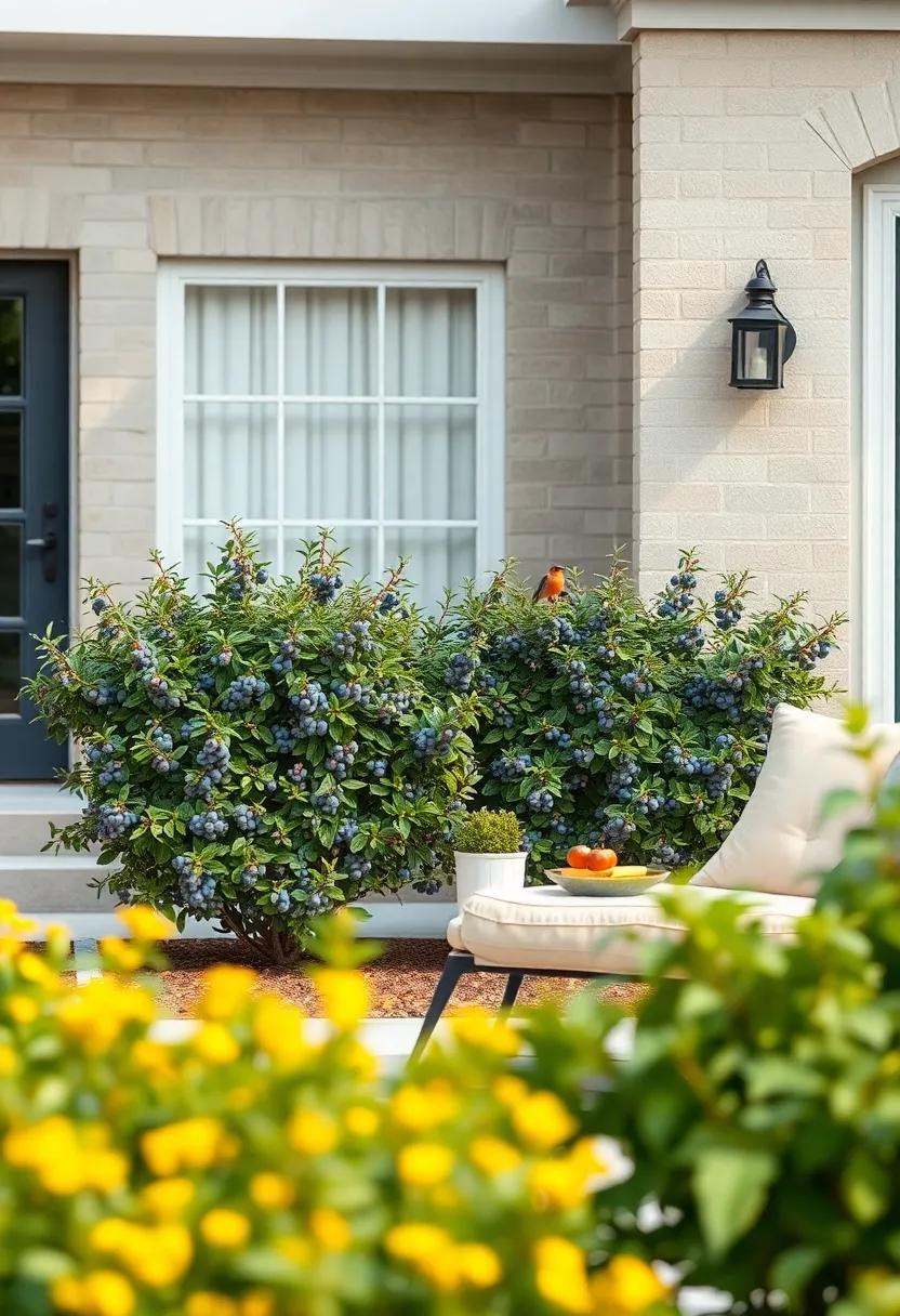 Birds Perched Delicately Among The Blueberry Bush Branches In An Inviting Front Yard Setting