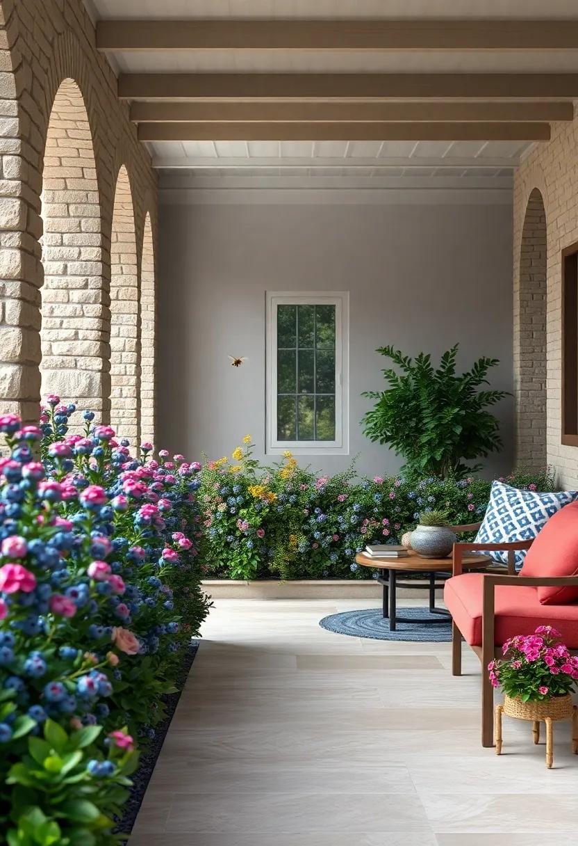 Bee Pollinators Hovering Over Vibrant Blueberry Flowers Interspersed Within Decorative Hedge Rows