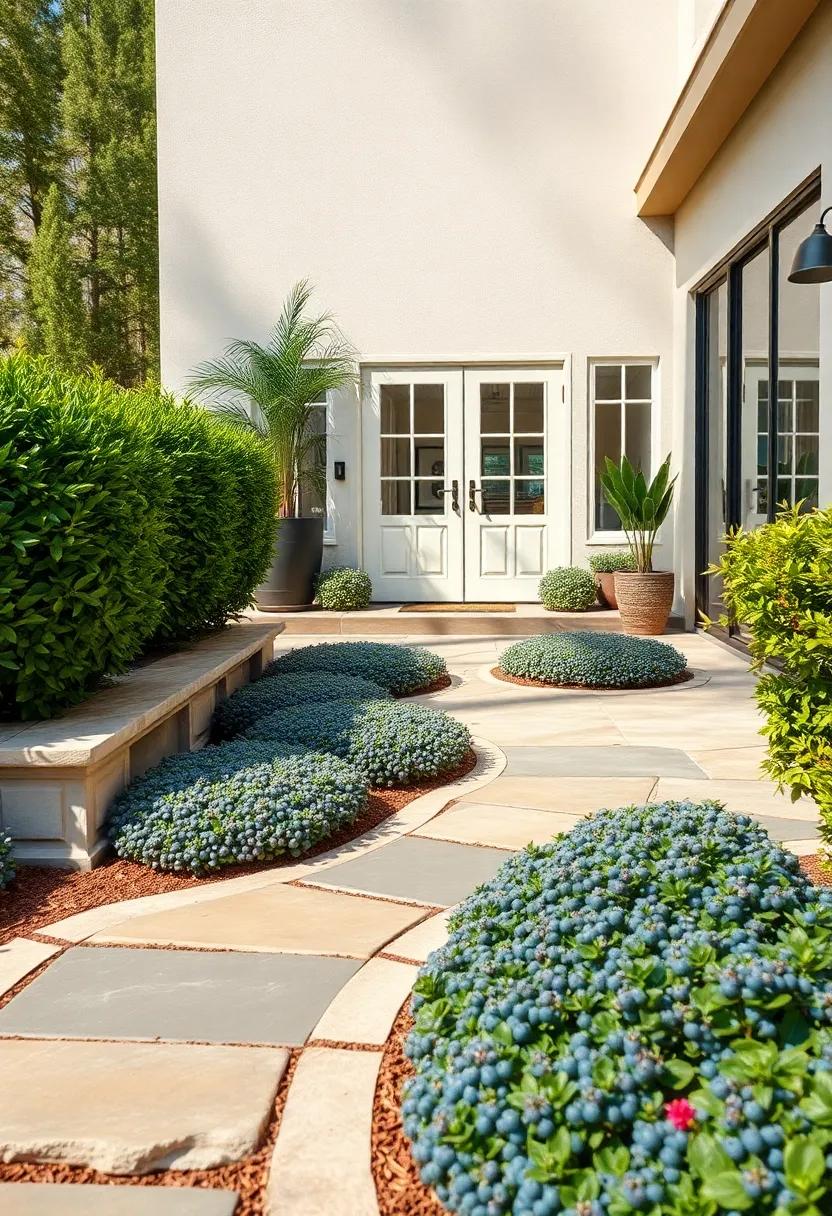 A Sunny Front Garden Featuring Blueberry Bushes Sculpted Into Decorative Shapes Along Walkways