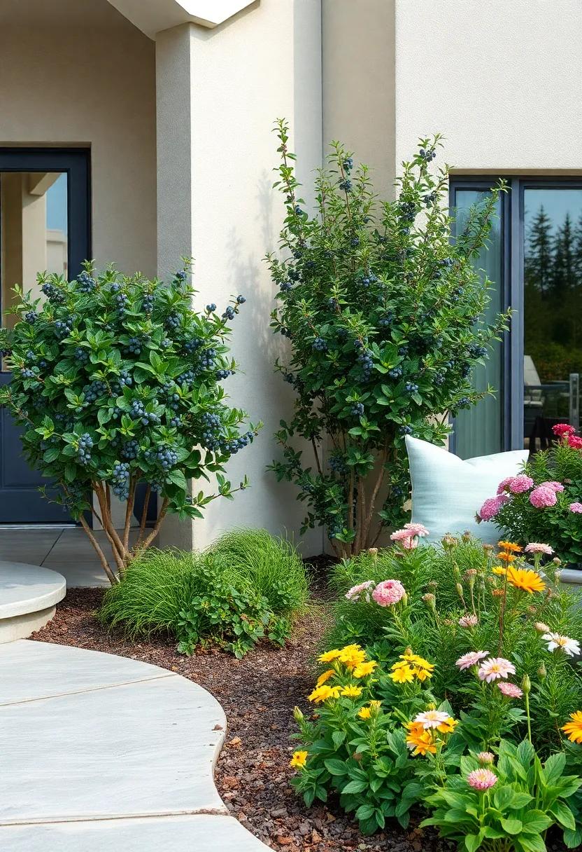 Fresh Blueberry Bush Prunings Ready For Composting Next To A Blooming Front Yard Landscape