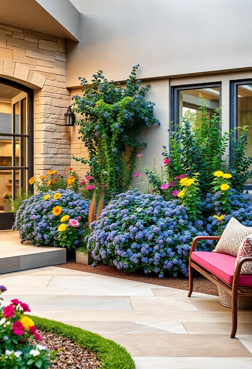 A Colorful Mix Of Wildflowers Interspersed Among Blueberry Bushes Enhancing Front Yard Visual Interest