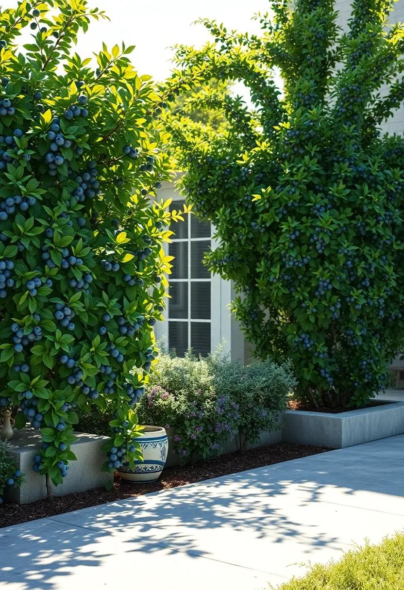 Sunlight Filtering Through Blueberry Bush Leaves Creating Patterns Of Light And Shadow On Sidewalk