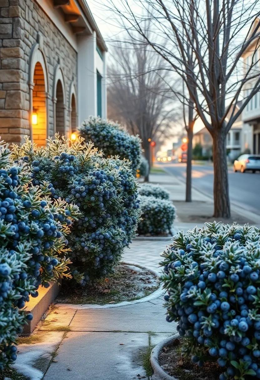 Frost-Kissed Blueberry Bushes glowing Under Soft Winter Light Against A Quiet Neighborhood Street