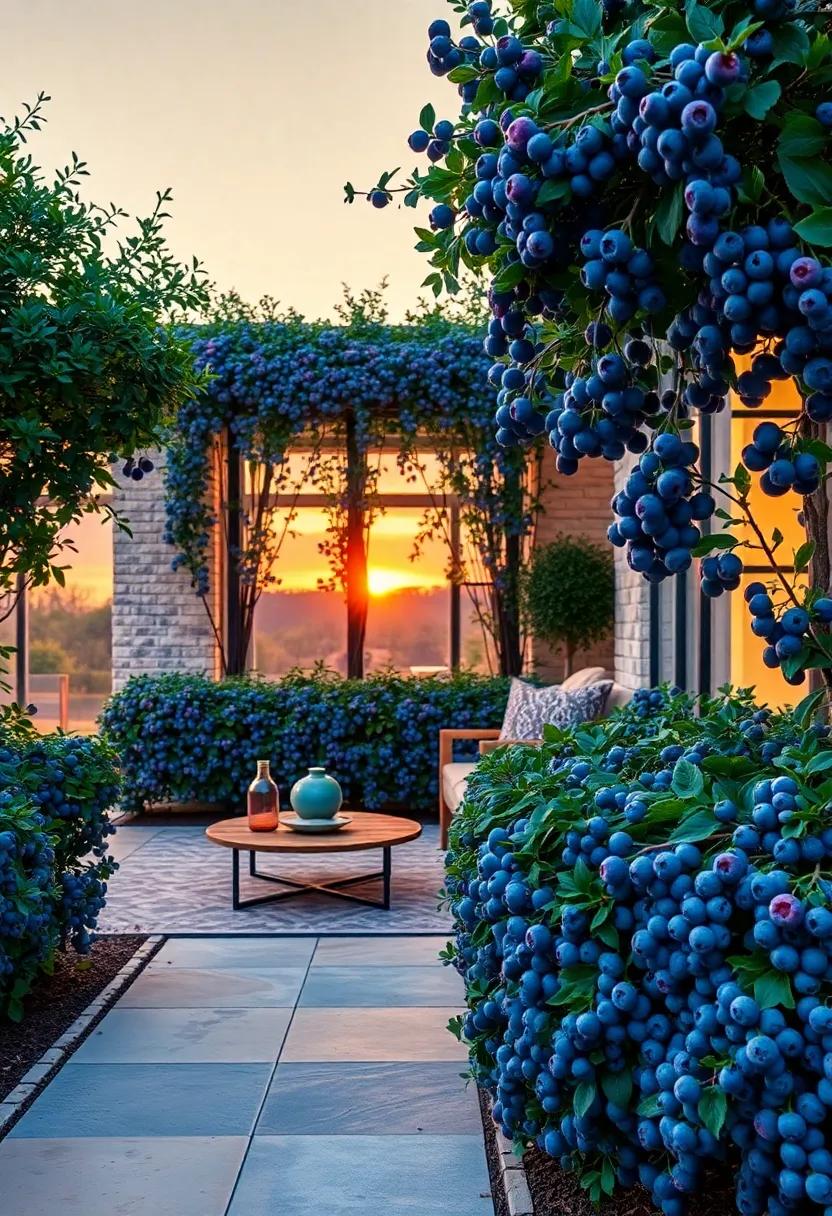 Sunset Glow Surrounding Blueberry Bush Hedges Accentuating Their Rich Purple-Blue Berry Clusters