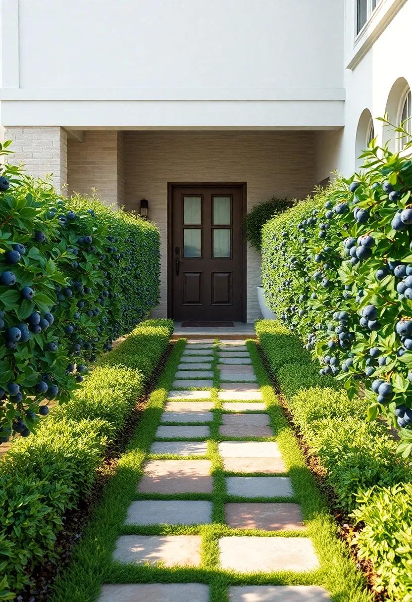 Colorful Garden Path Flanked By Well-Spaced Blueberry Bushes Bursting With Juicy Fruit