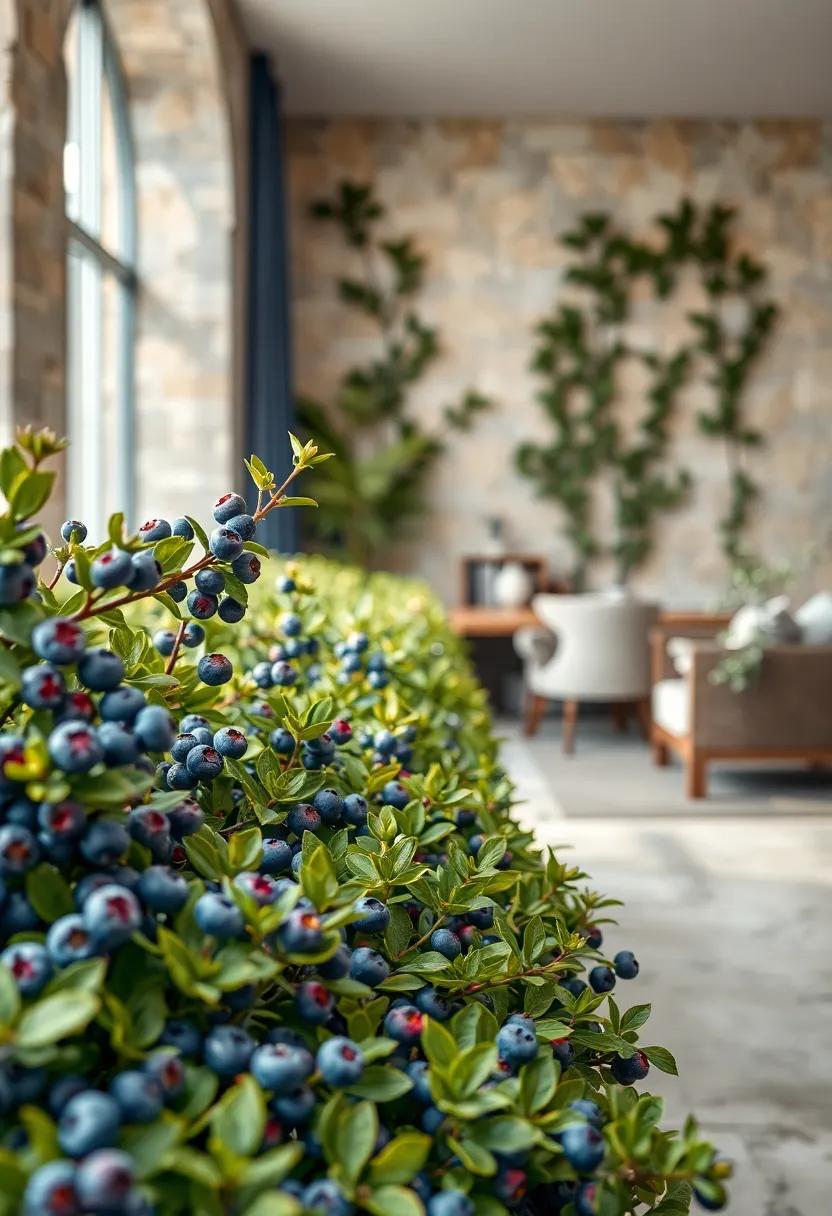 Sun-Dappled Blueberry Bushes Laden With Ripe Blue Fruits Along A Serene Residential Sidewalk