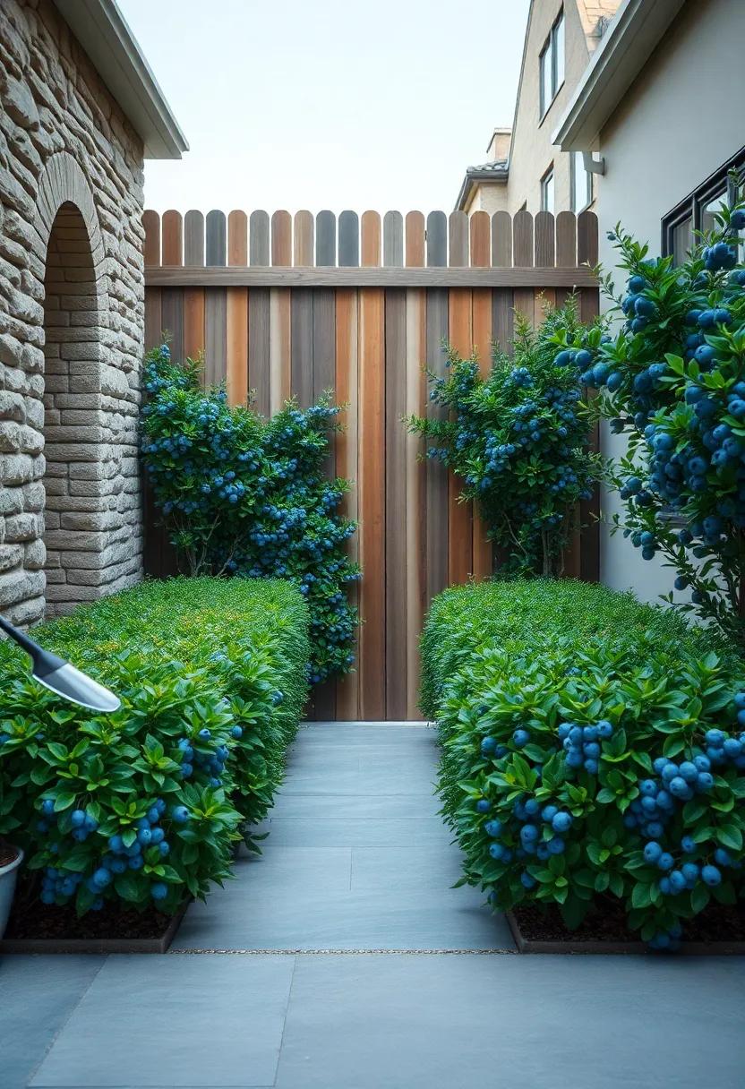 Rustic Wooden Fence Backdrop With Vibrant Blueberry Bushes Creating A Warm Welcoming Entrance
