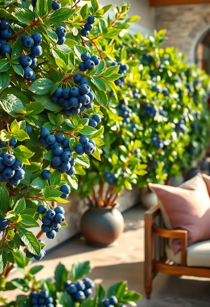 Water Droplets Sparkling On Glossy Blueberry Leaves In Early Morning Garden Light