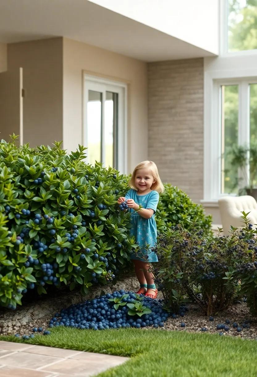 Children Smiling While Picking Fresh Blueberries From A Neatly Shaped Front Yard Hedge