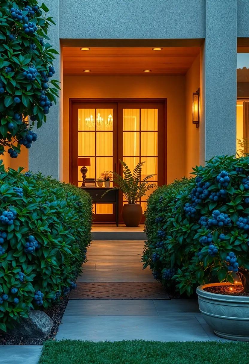 Evening Raindrops Dripping Off Blueberry Bush Leaves Illuminated By Soft Garden Lighting