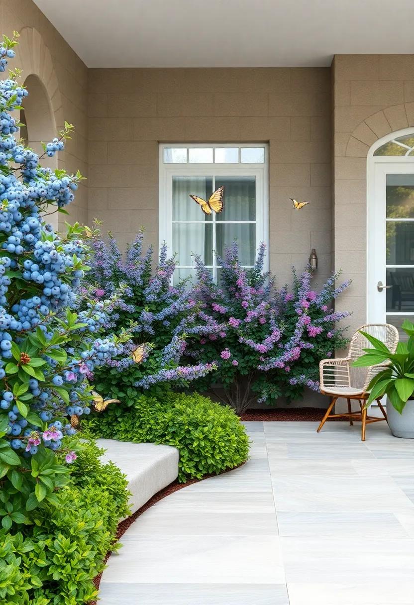 Butterflies Dancing Over Blueberry Bush Blossoms In A Tranquil Front Yard Environment