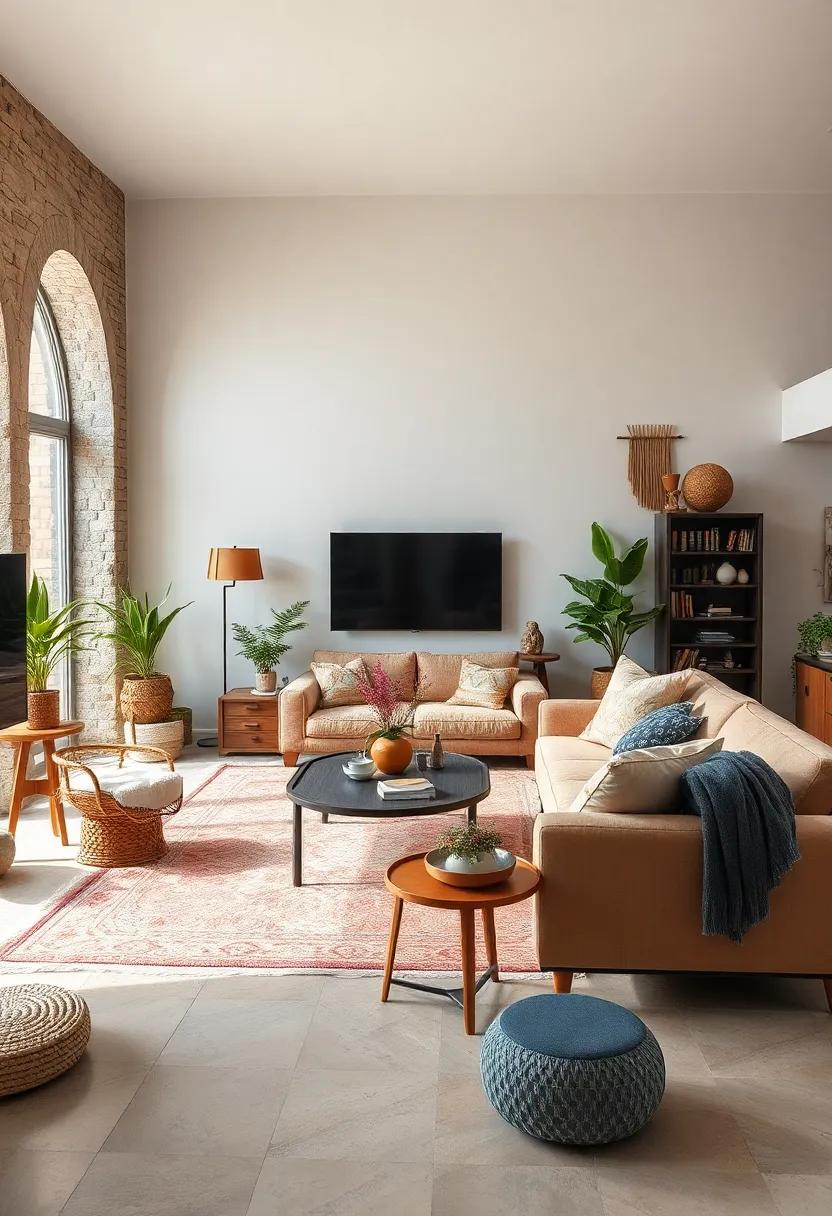 Eclectic Boho Living Room Showcasing a Mix of Vintage and Modern Furniture Pieces in Warm Earthy Tones