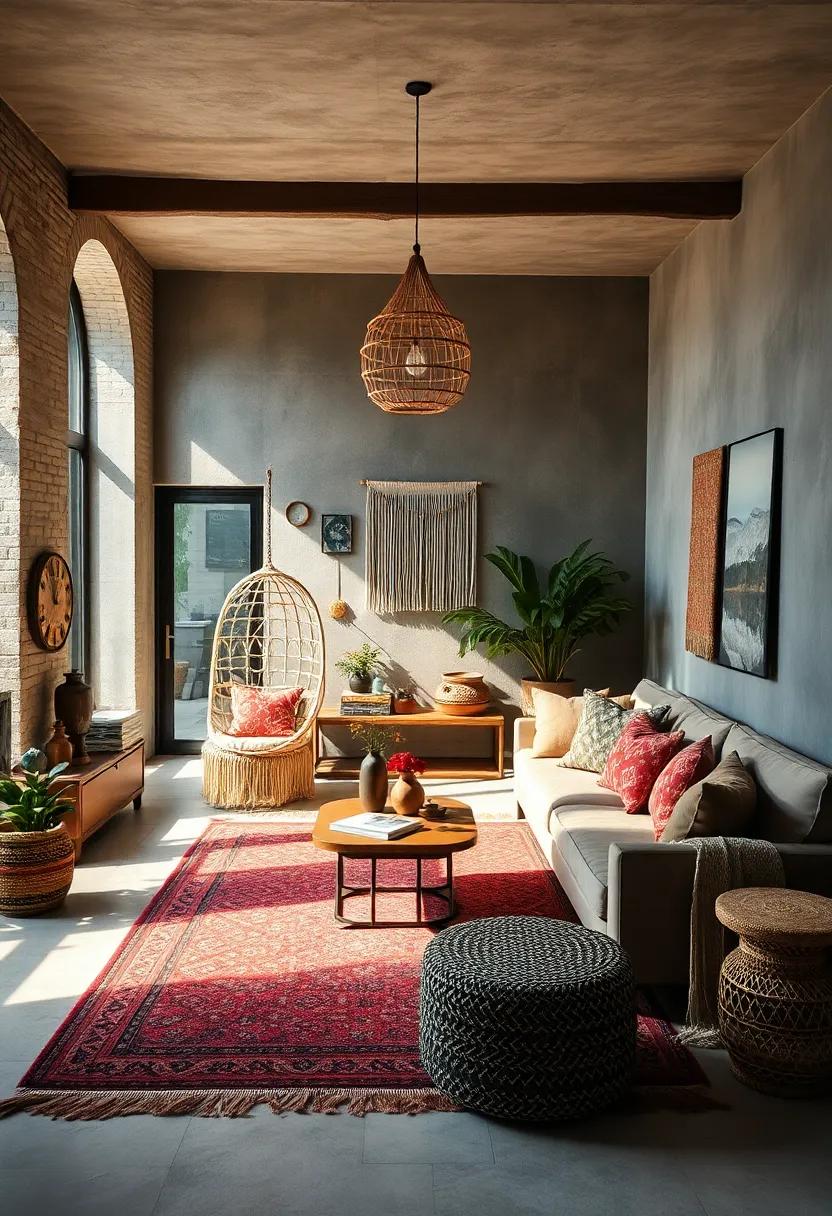 Mixing Metallic Accents with Earthy Materials in Unique Lamps and Side Tables to Add Subtle Glamour to Boho Decor