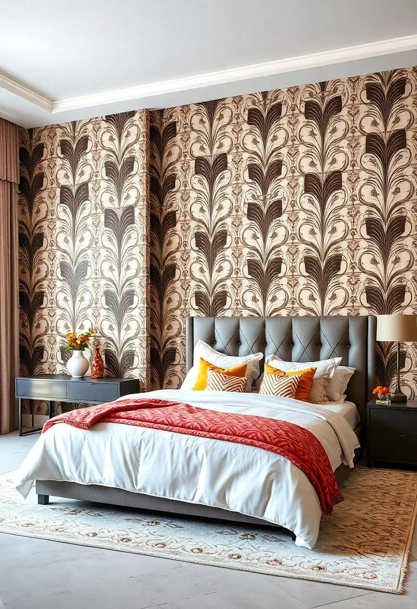 Art Deco Revival: Glamorous wallpaper featuring bold geometric shapes and metallic accents captures the spirit of the roaring twenties with a modern twist