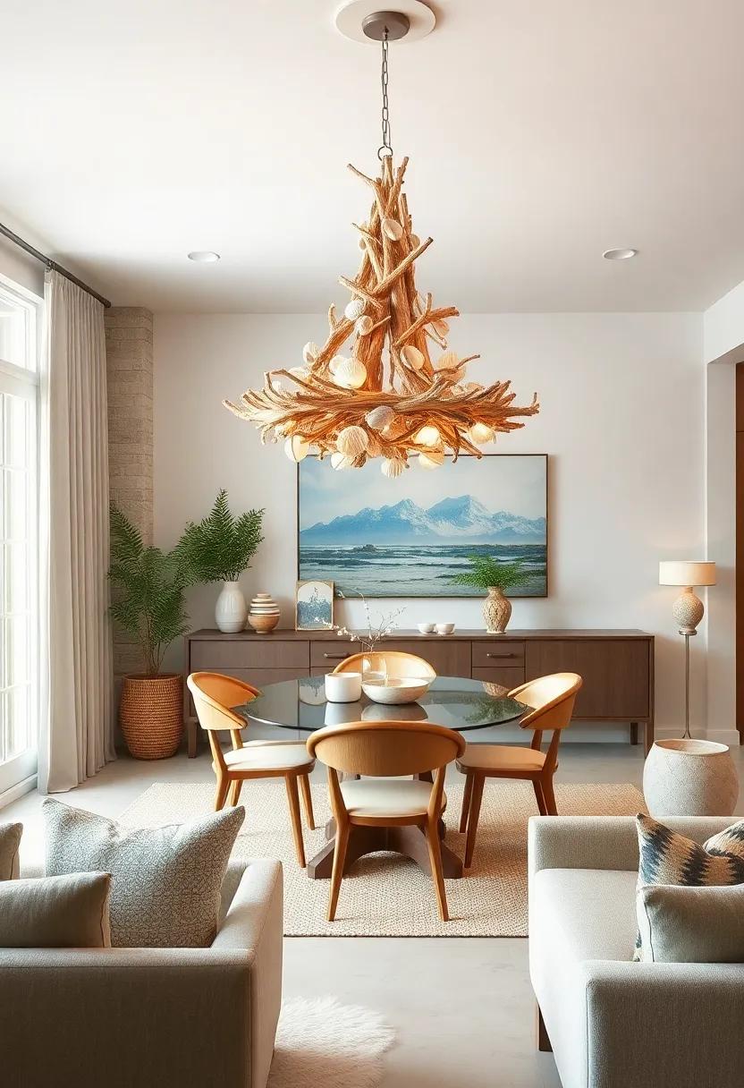 Beachy vibes: A‌ coastal-inspired chandelier made‌ of natural driftwood and shells, bringing seaside charm to your⁤ dining area