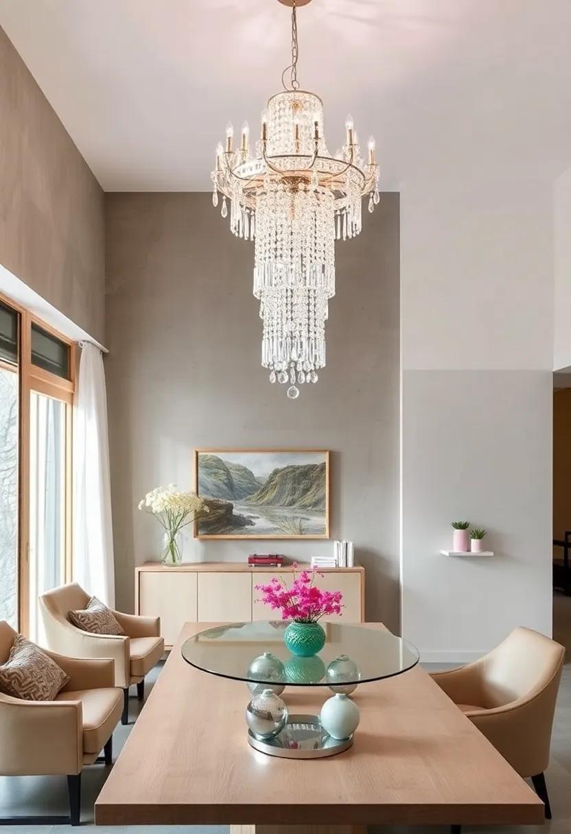 Crystal⁣ elegance: A cascading crystal⁢ chandelier that refracts ​light into a dazzling spectrum, creating a glamorous focal point