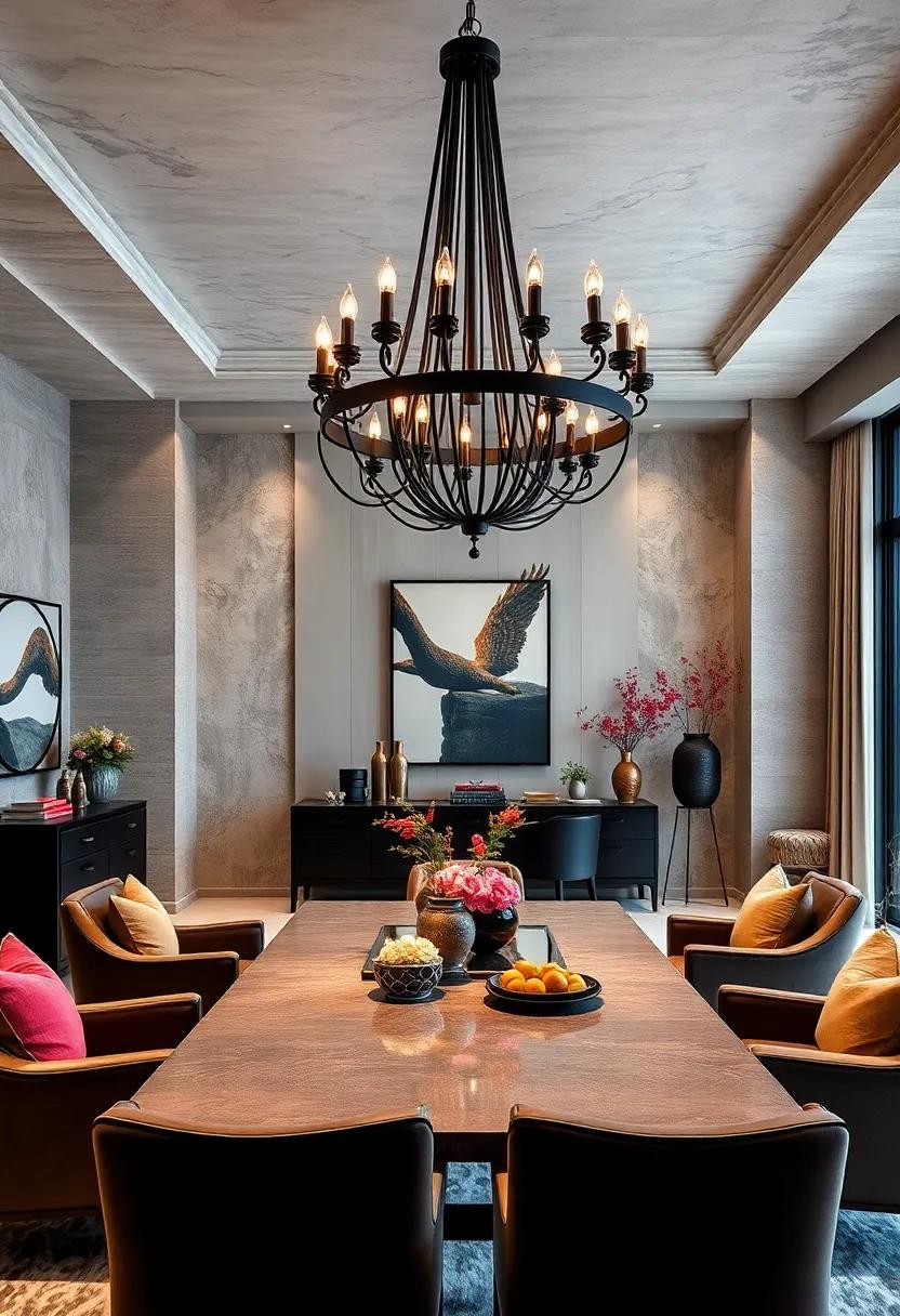 Dramatic black: A lavish black ⁢chandelier that adds depth⁢ and drama, making your dining room a ​show-stopping environment