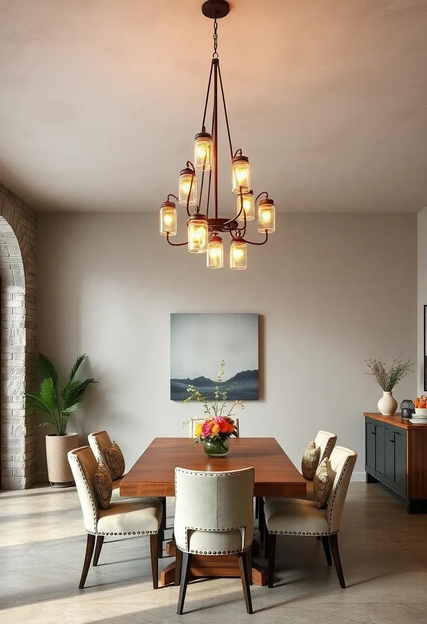 Farmhouse elegance: A chandelier⁤ with ‌mason jars that illuminate your dining ‌room with rustic warmth and charm